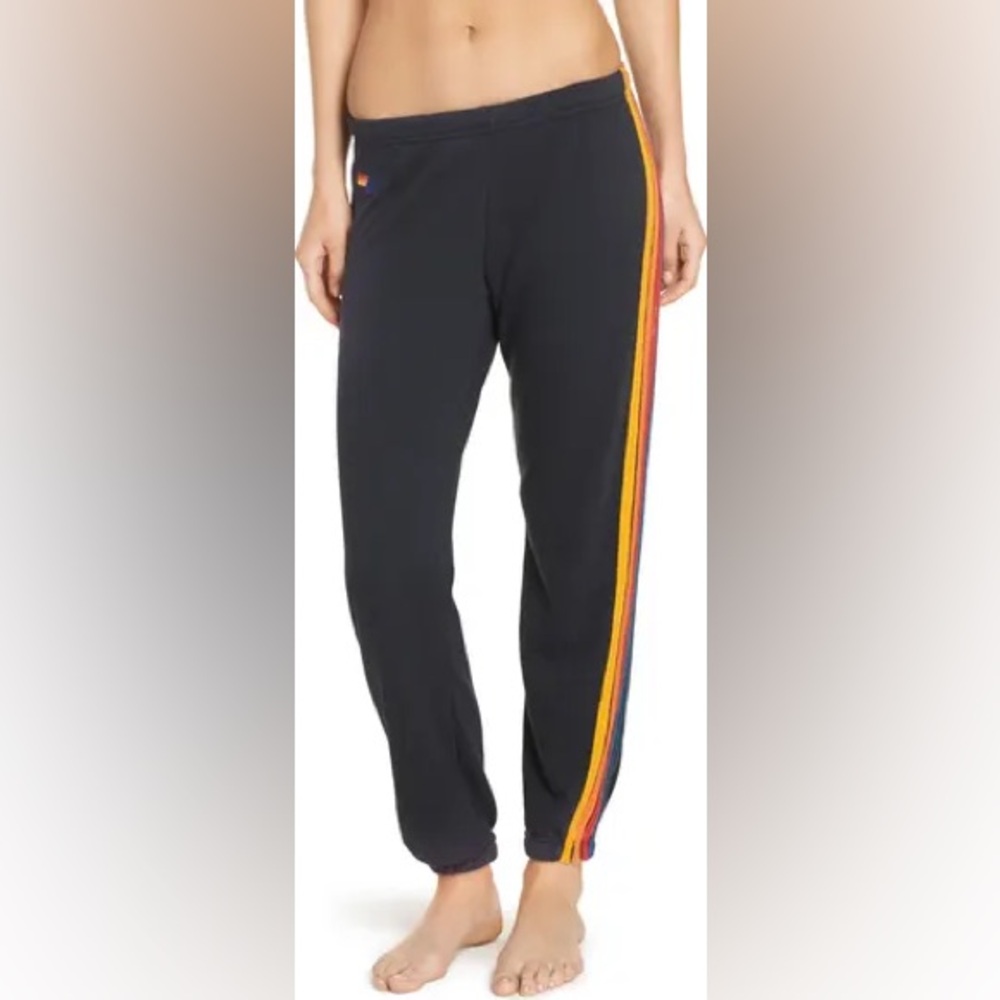 Aviator Nation Navy Track Pants with Yellow & Orange Side Stripe - Picture 2 of 8